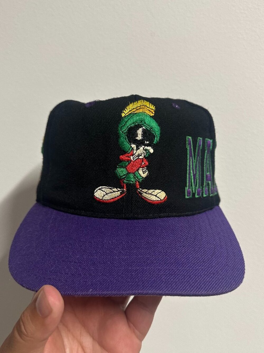 Vintage 90s Marvin the Martian Looney Tunes Snapback Hat Black Purple